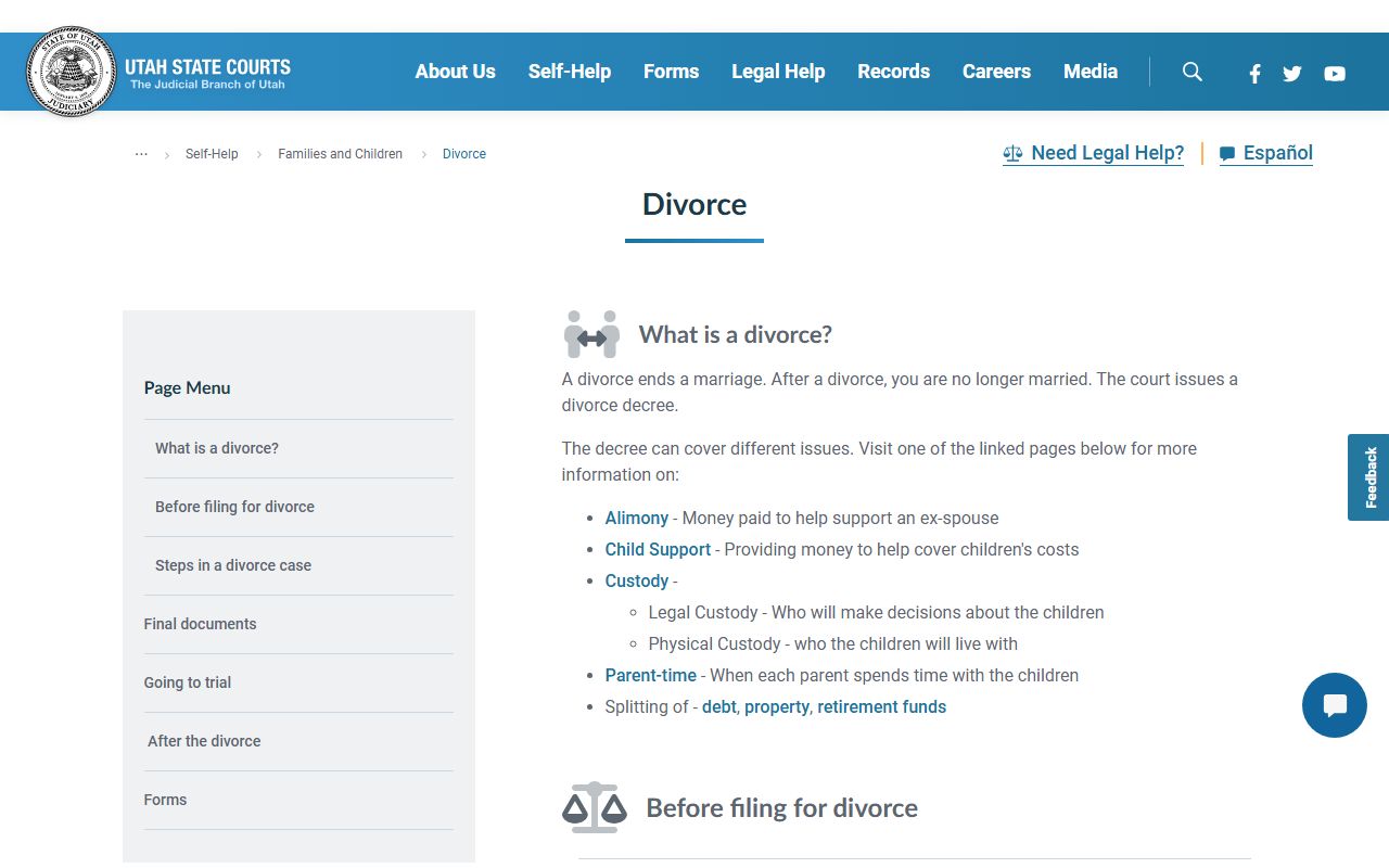 Utah Courts divorce how-to guide showing available forms and resources