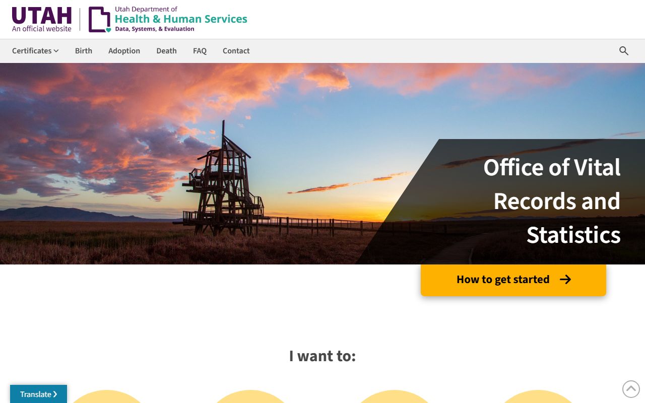 Utah Office of Vital Records and Statistics divorce record ordering page